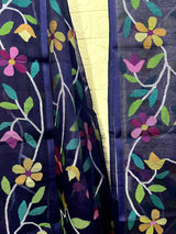 Midnight indigo with multicolour madhvilata allover  floral handwoven muslin silk jamdani saree