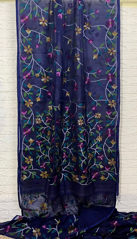 Midnight indigo with multicolour madhvilata allover  floral handwoven muslin silk jamdani saree