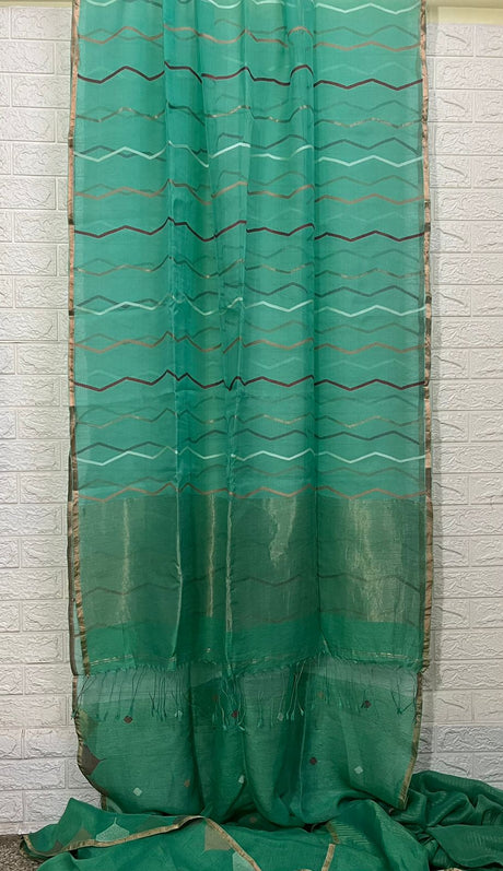 Mint green half silk & half linen handwoven jamdani saree