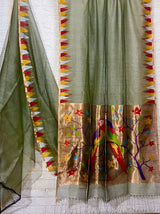 Moss green parrot paithani temple border pure muslin silk handwoven jamdani saree