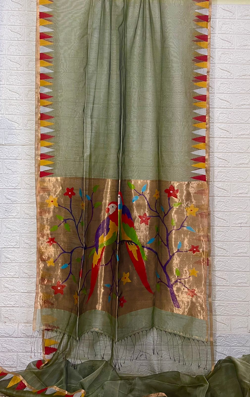 Moss green parrot paithani temple border pure muslin silk handwoven jamdani saree