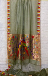 Moss green parrot paithani temple border pure muslin silk handwoven jamdani saree