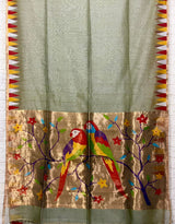 Moss green parrot paithani temple border pure muslin silk handwoven jamdani saree