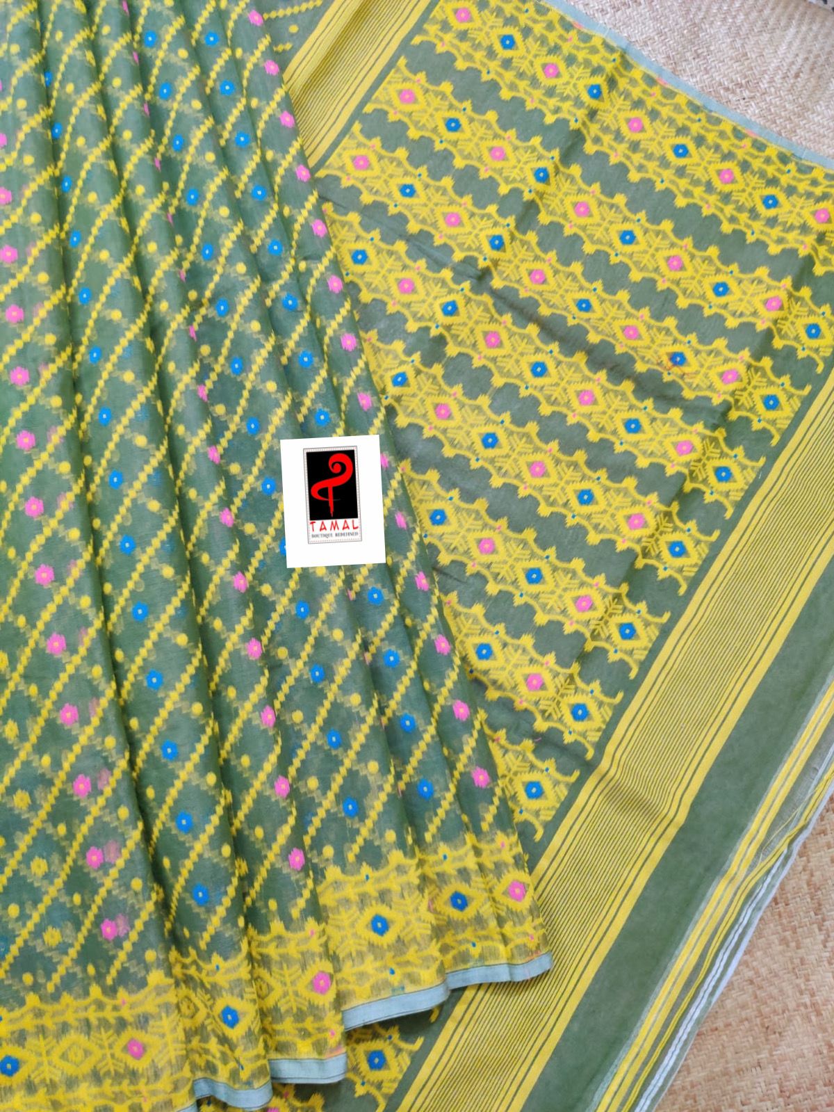 Moss green with sky yellow handloom soft dhakai jamdani saree