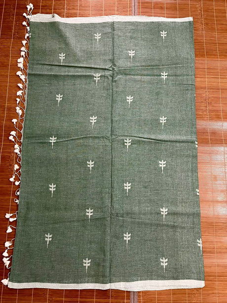 Moss green with white pure cotton jolphoring cotton handwoven jamdani saree - Tamal Boutique