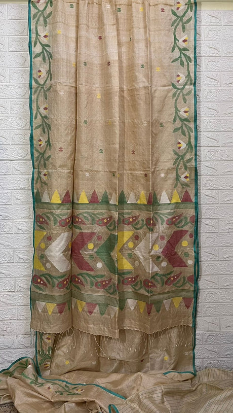Muga with sea green floral border handwoven tussar silk saree