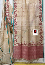 Natural tusser with firoza border alpona motifs handwoven jamdani saree