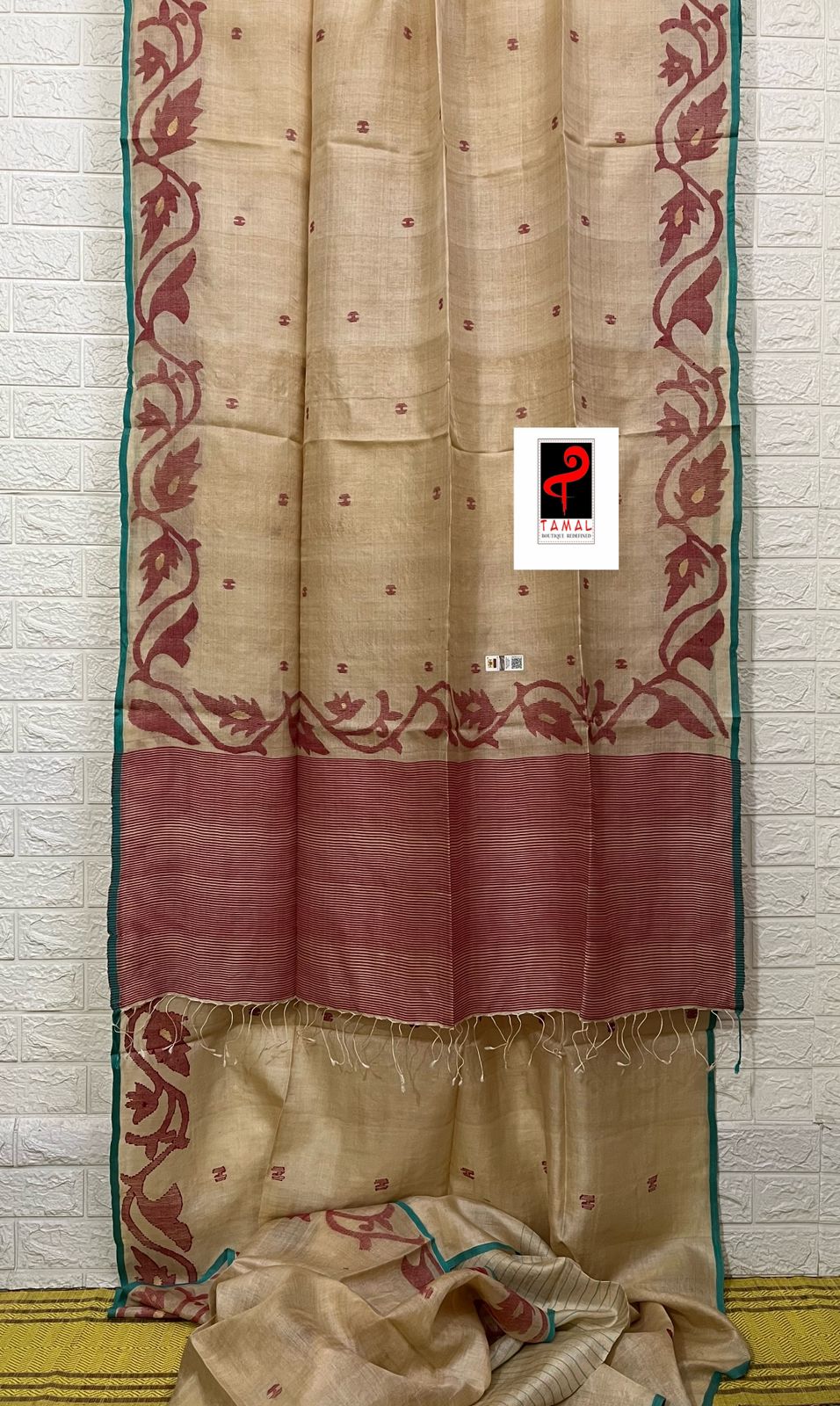 Natural tusser with firoza border alpona motifs handwoven jamdani saree