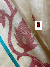 Natural tusser with firoza border alpona motifs handwoven jamdani saree