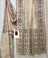 Natural tusser with red border and multi colour traditional tusser silk handwoven jamdani saree