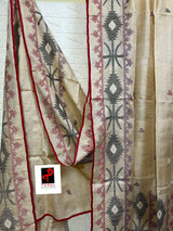 Natural tusser with red border and multi colour traditional tusser silk handwoven jamdani saree