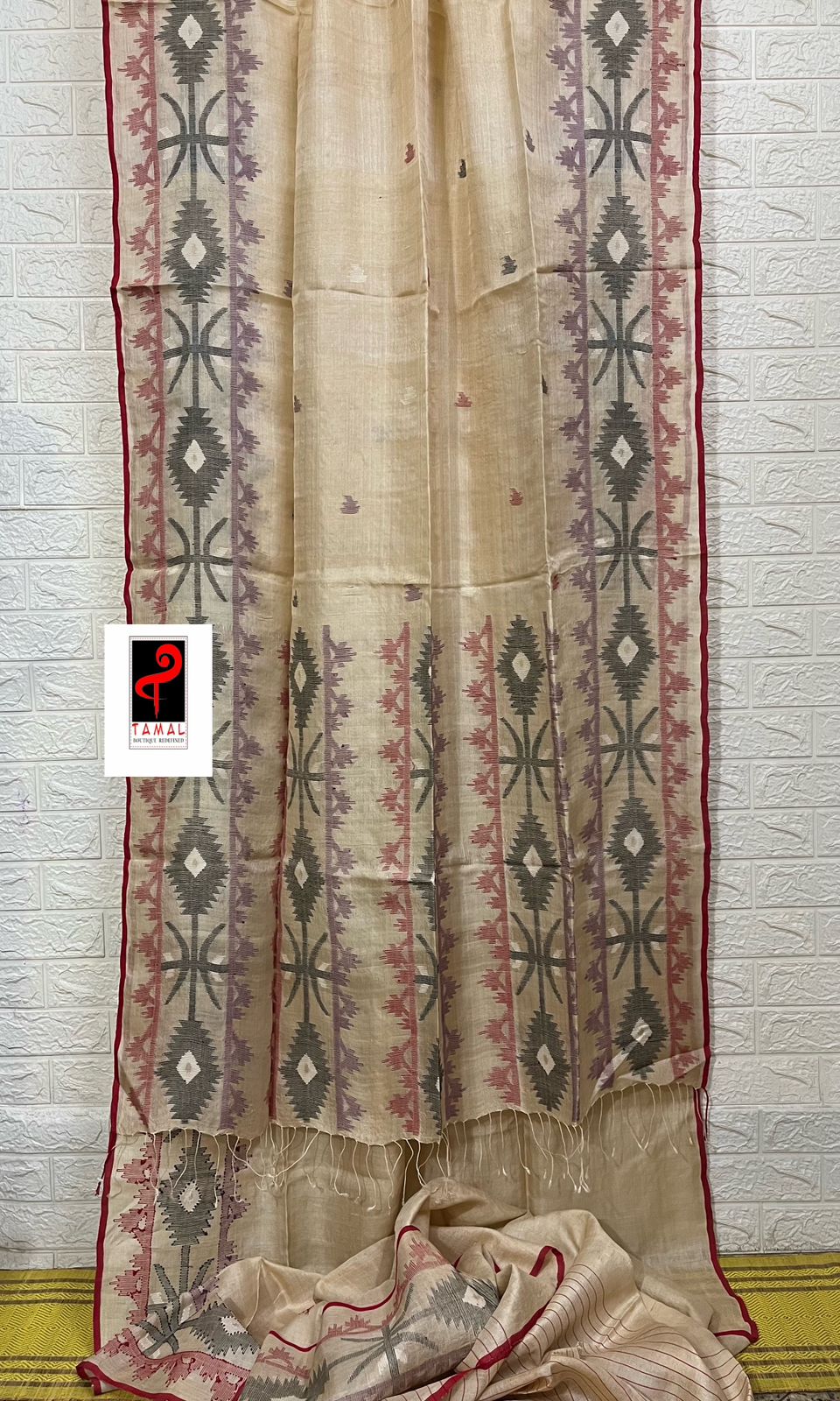 Natural tusser with red border and multi colour traditional tusser silk handwoven jamdani saree