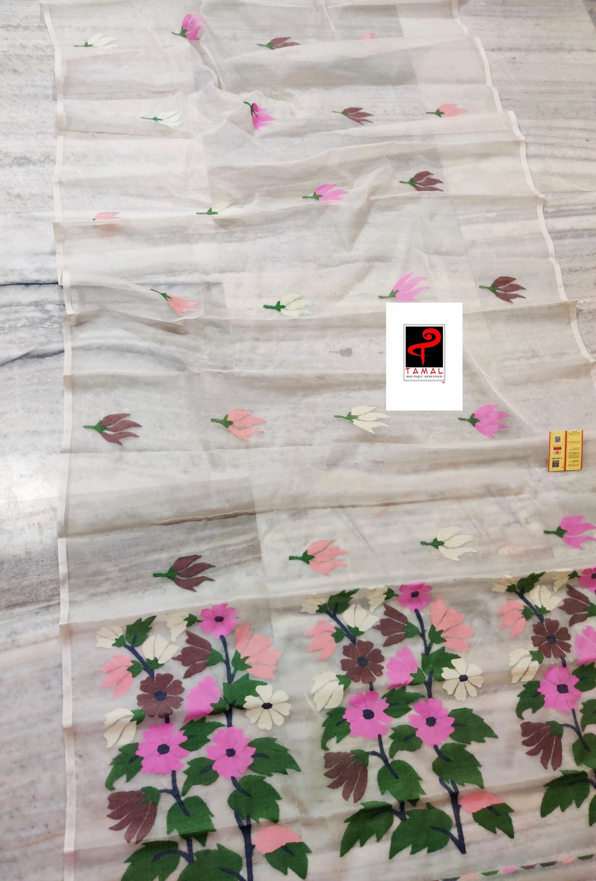 New off white with multi colour pallu floral with butas allover handwoven jamadani saree in muslin silk