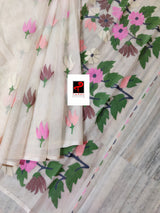 New off white with multi colour pallu floral with butas allover handwoven jamadani saree in muslin silk