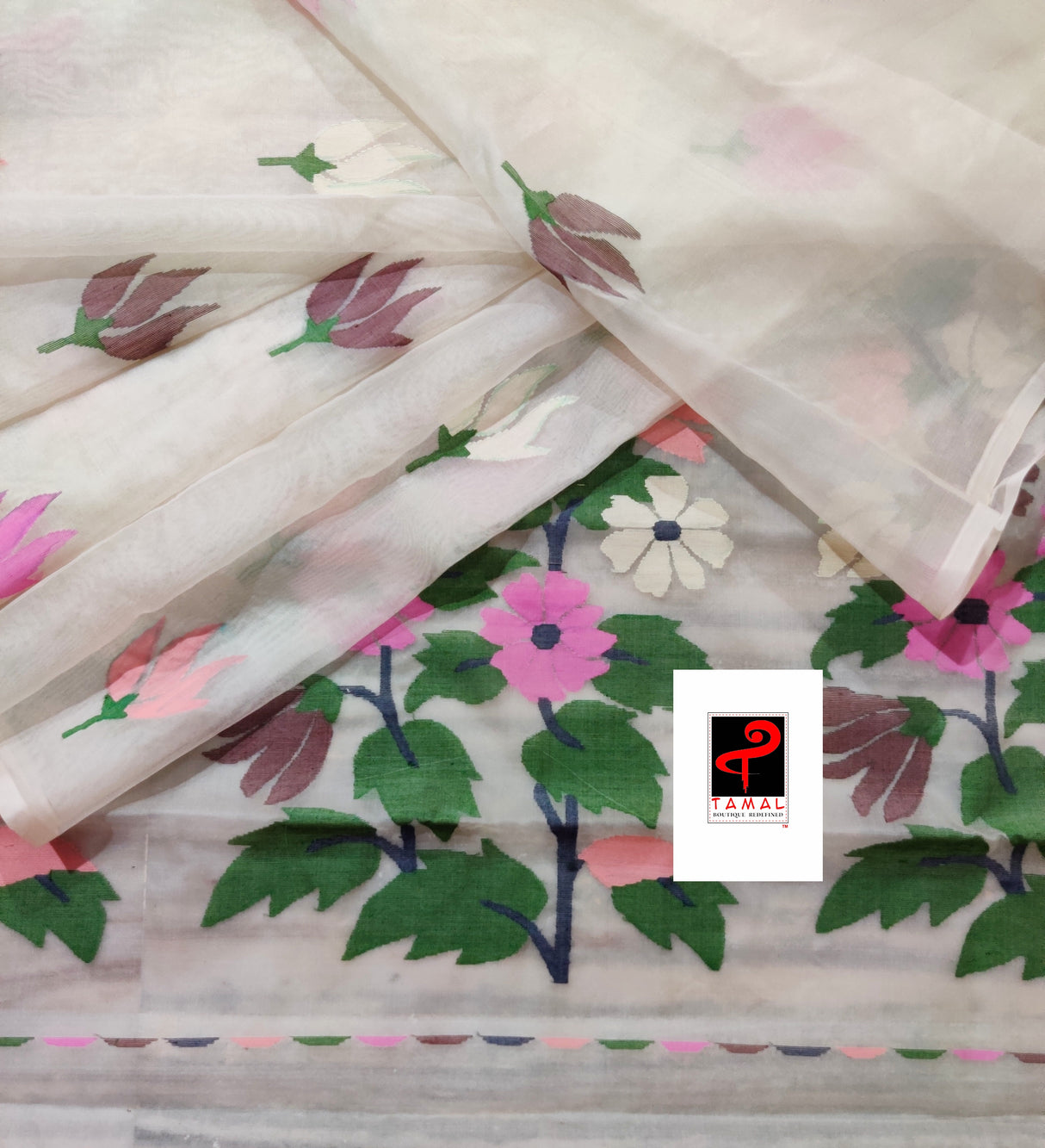 New off white with multi colour pallu floral with butas allover handwoven jamadani saree in muslin silk