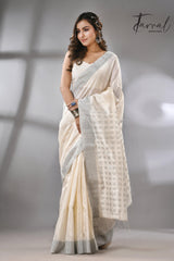 OffWhite Matka Silk Handwoven Jamdani Saree Front2