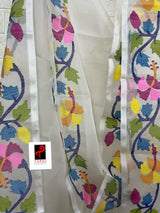 OffWhite with multi colour hibiscus handwoven muslin silk jamdani saree
