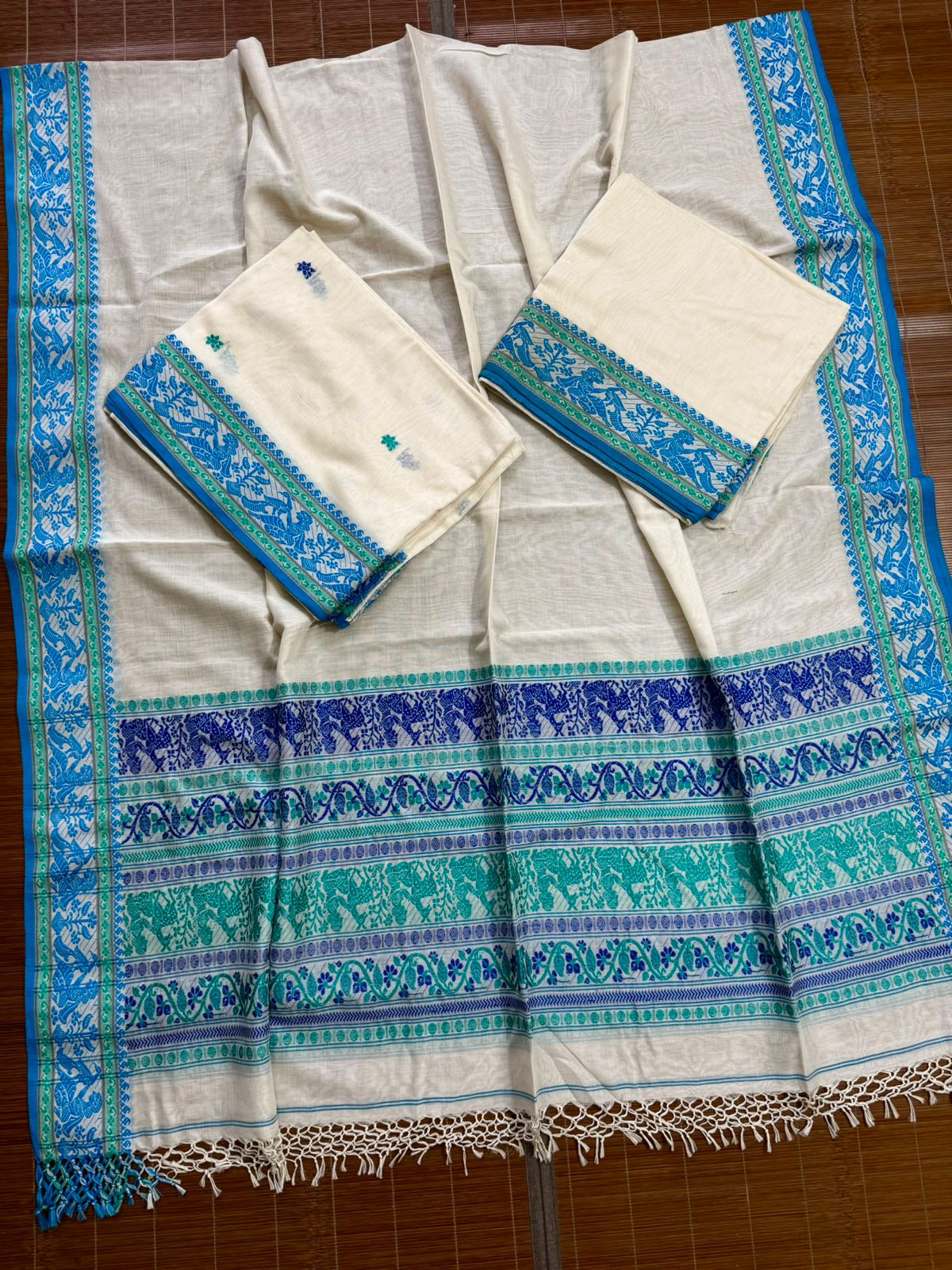 Offwhite white blue & teal blue cotton baluchari three piece set - Tamal Boutique