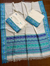 Offwhite white blue & teal blue cotton baluchari three piece set