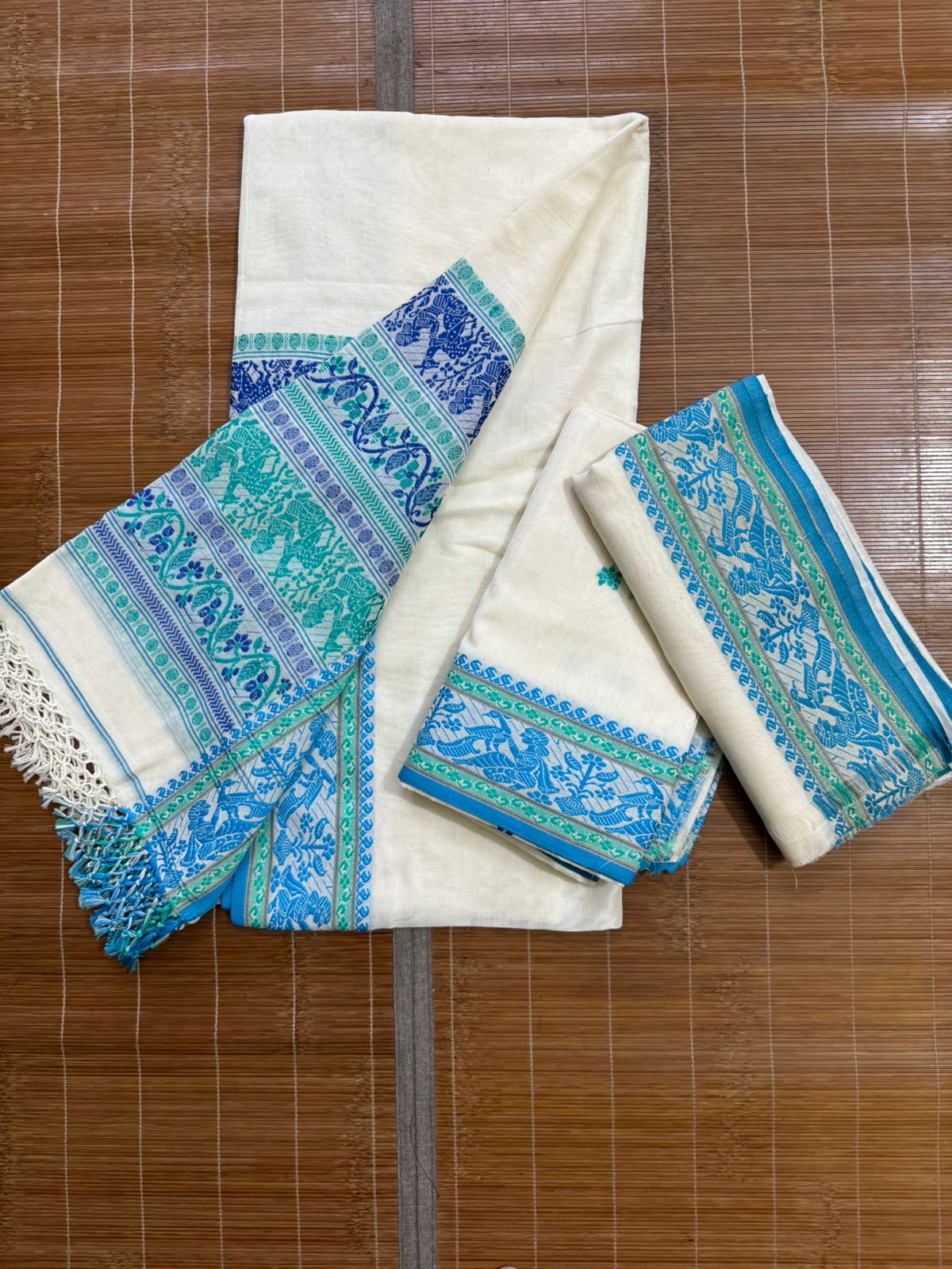 Offwhite white blue & teal blue cotton baluchari three piece set