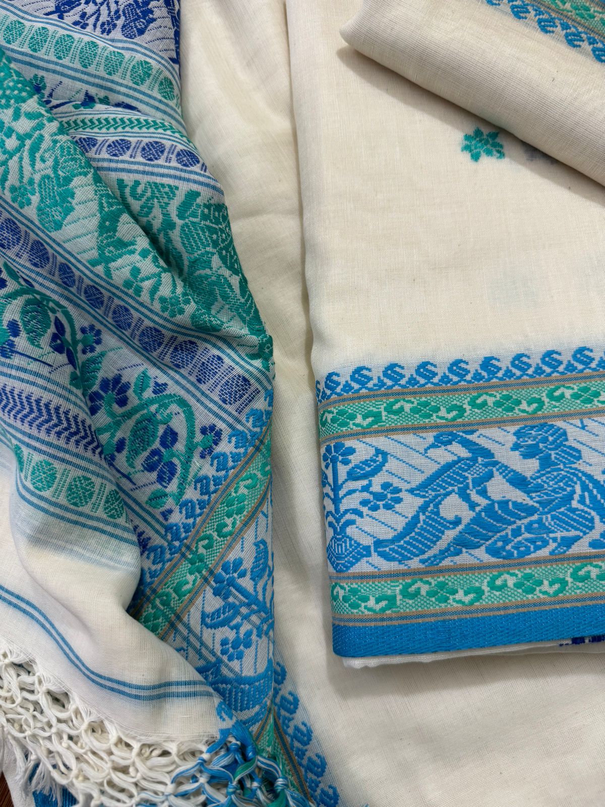 Offwhite white blue & teal blue cotton baluchari three piece set - Tamal Boutique