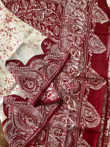 Offwhite red alpona motifs handcrafted crack batik silk saree - Tamal Boutique