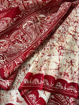 Offwhite red alpona motifs handcrafted crack batik silk saree - Tamal Boutique