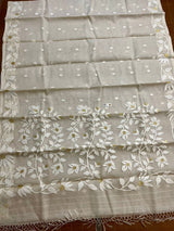 Offwhite self floral handwoven muslin silk jamdani saree