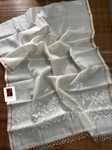 Offwhite self rose motifs handwoven jamdani saree in muslin silk