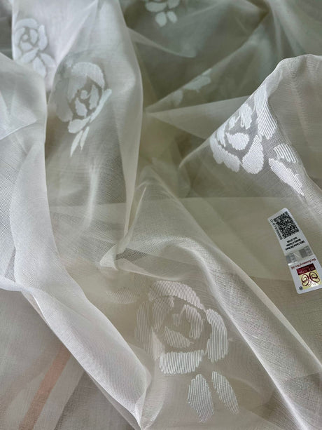 Offwhite self rose motifs handwoven jamdani saree in muslin silk