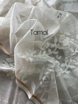 Offwhite self rose motifs handwoven jamdani saree in muslin silk