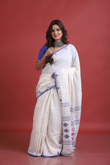 Offwhite with Blue temple border & Pink diamond cotton saree handwoven jamdani saree