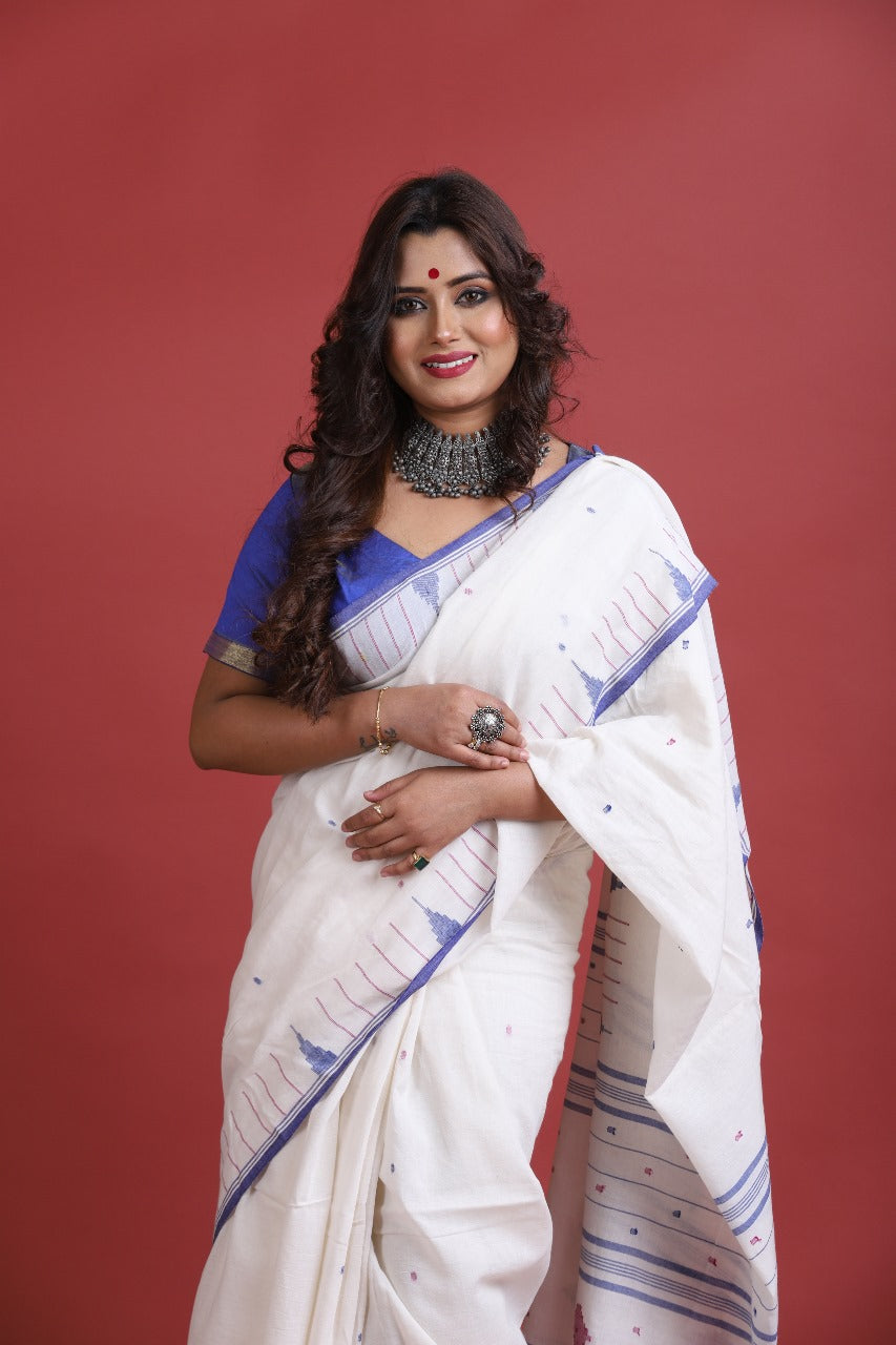 Offwhite with Blue temple border & Pink diamond cotton saree handwoven jamdani saree