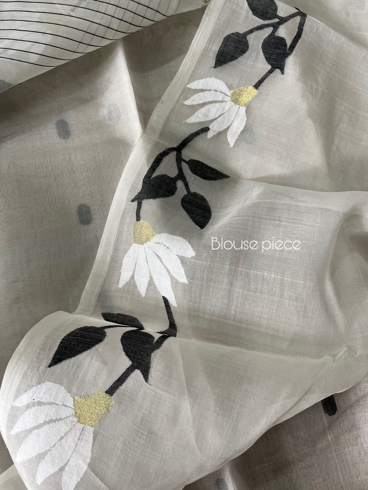 Offwhite with black & white floral muslin silk handwoven jamdani saree