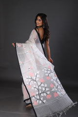 Offwhite with black border floral muslin silk handwoven jamdani saree