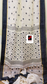 Offwhite with black border linen handwoven jamdani saree