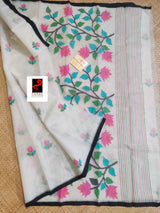 Off white with black border muslin floral buta handwoven jamadani saree