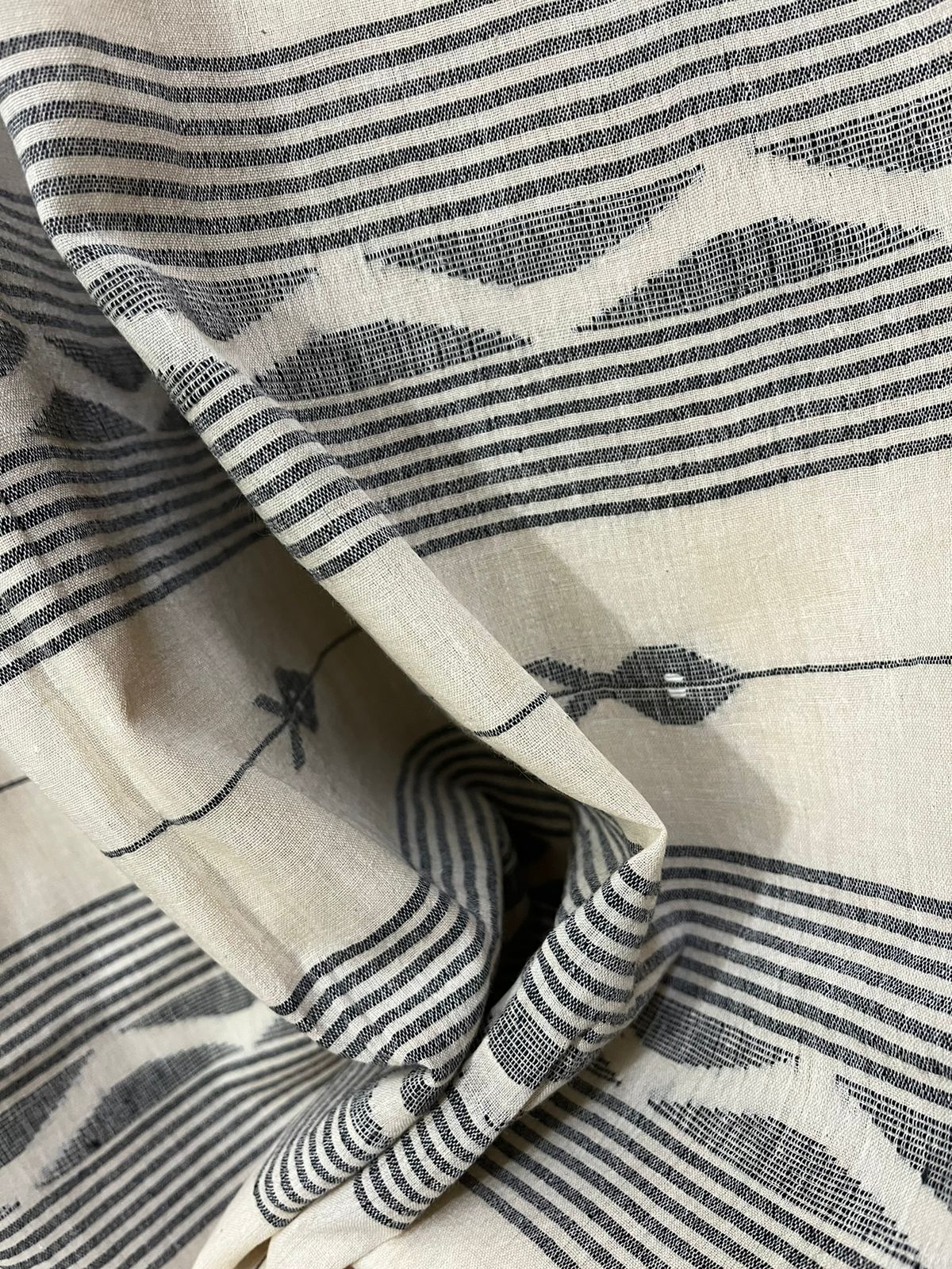 Offwhite with black border pure cotton fish motifs handwoven jamdani saree