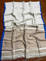 Offwhite with blue border zari linen handloom jamdani saree