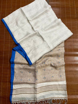 Offwhite with blue border zari linen handloom jamdani saree