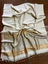 Offwhite with golden and silver pallu linen handloom saree