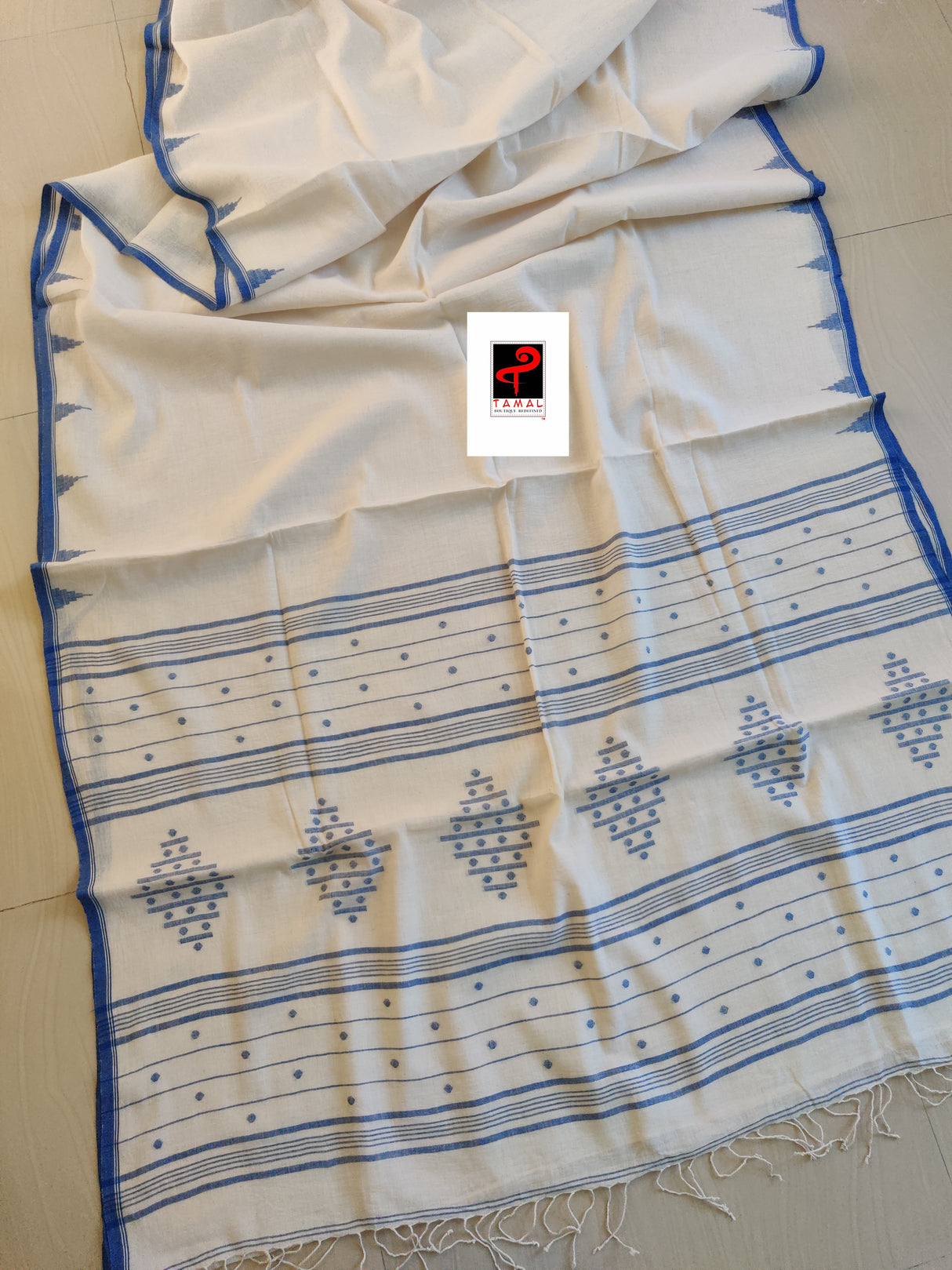 Offwhite with indigo temple border handwoven jamdani saree in pure cotton  - Tamal Boutique