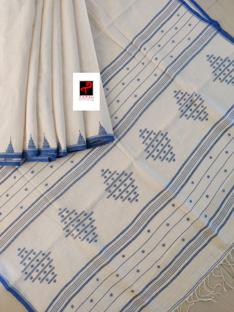 Offwhite with indigo temple border handwoven jamdani saree in pure cotton  - Tamal Boutique