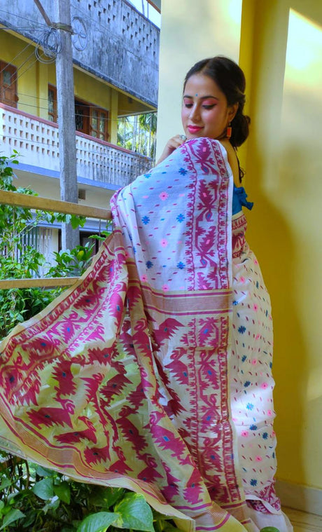 Offwhite with magenta and multi colour soft dhakai jamdani saree