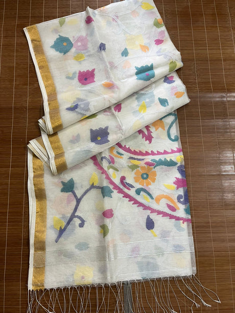 Offwhite with multi colour allover floral organza silk handwoven jamdani saree