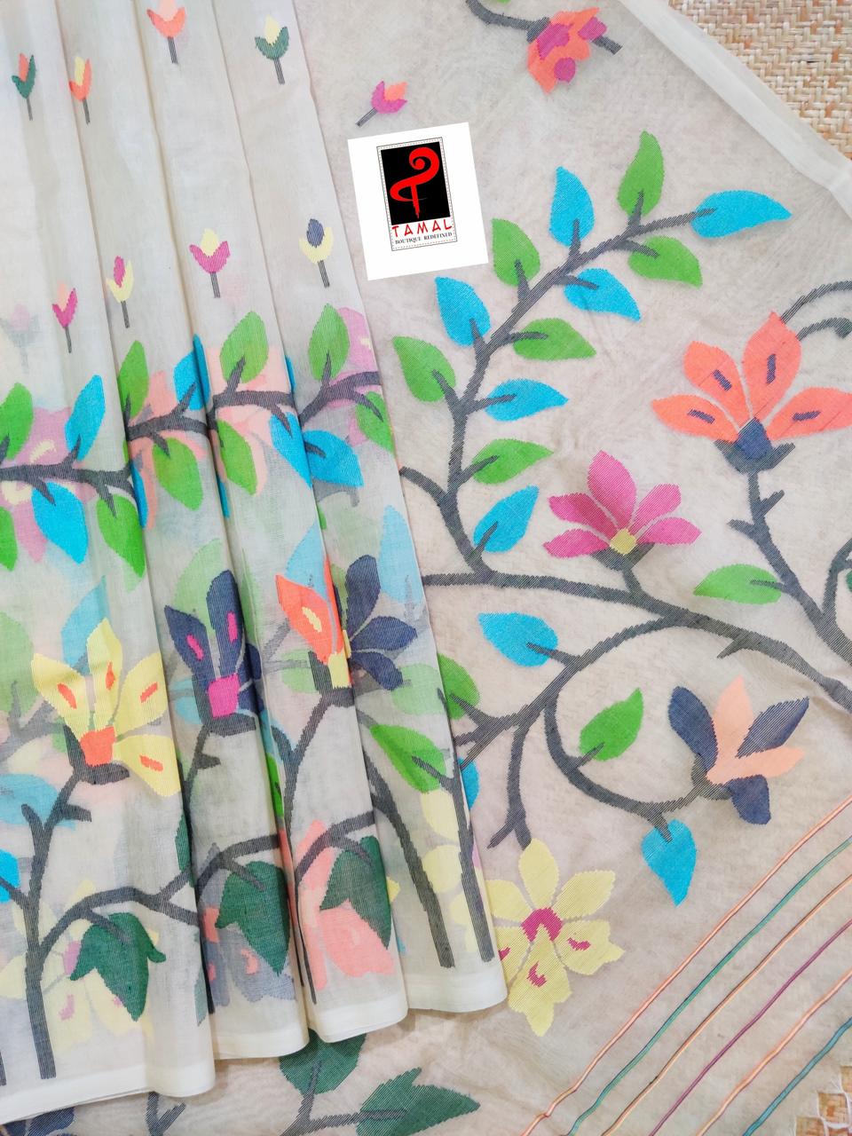 Offwhite with multi colour floral handwoven jamdani saree - Tamal Boutique