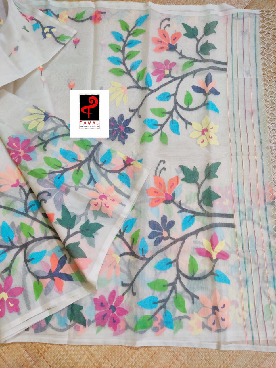 Offwhite with multi colour floral handwoven jamdani saree