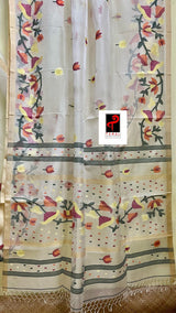 Off white with multi colour kalmilata floral handwoven muslin silk jamdani saree