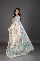 Offwhite with multi colour lotus pallu handwoven muslin silk jamdani saree