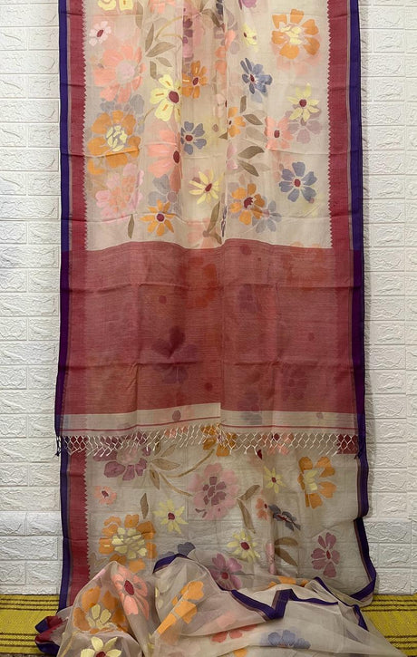 Offwhite with multi colour seasonal flowers motifs handwoven jamdani in muslin silk saree